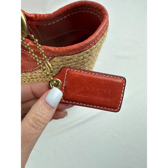 COACH Bleecker NATURAL STRAW VERMILLION RED LG LEATHER FLORAL Tote Bag 2008 EUC - Picture 7 of 12